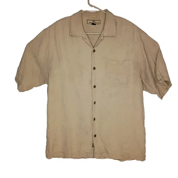 Tommy Bahama Shirt Mens Medium Beige Silk Floral Pocket Camp Relax Casual Resort - Picture 2 of 9